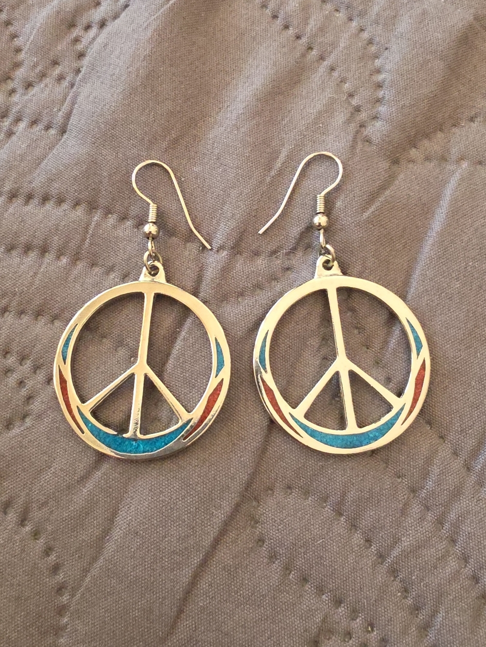 Silver Peace Sign Drop Earrings with Turquoise & Coral Accents